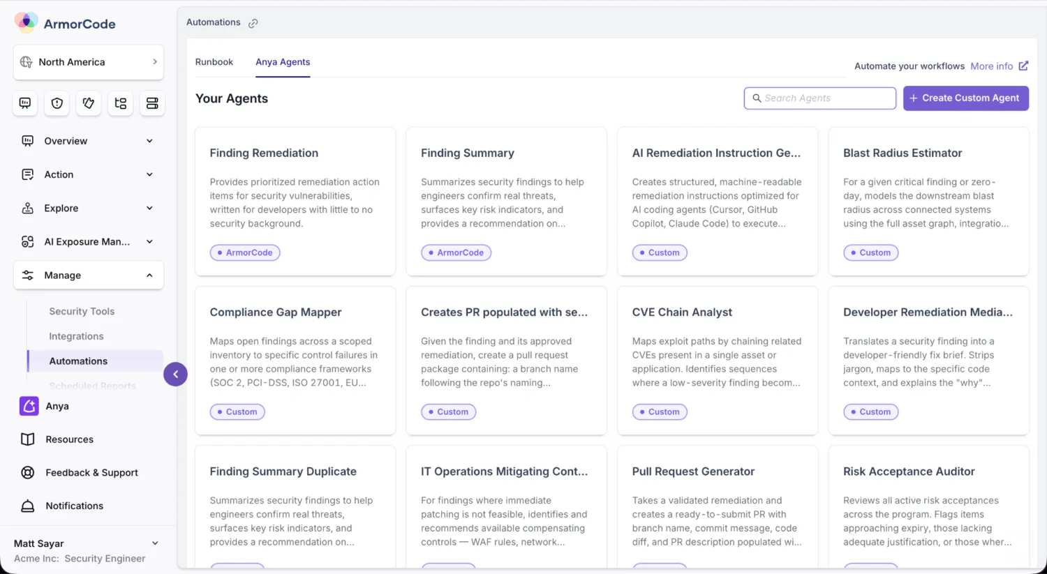 ArmorCode Anya Agents: pre-programmed agents and creating a custom agent