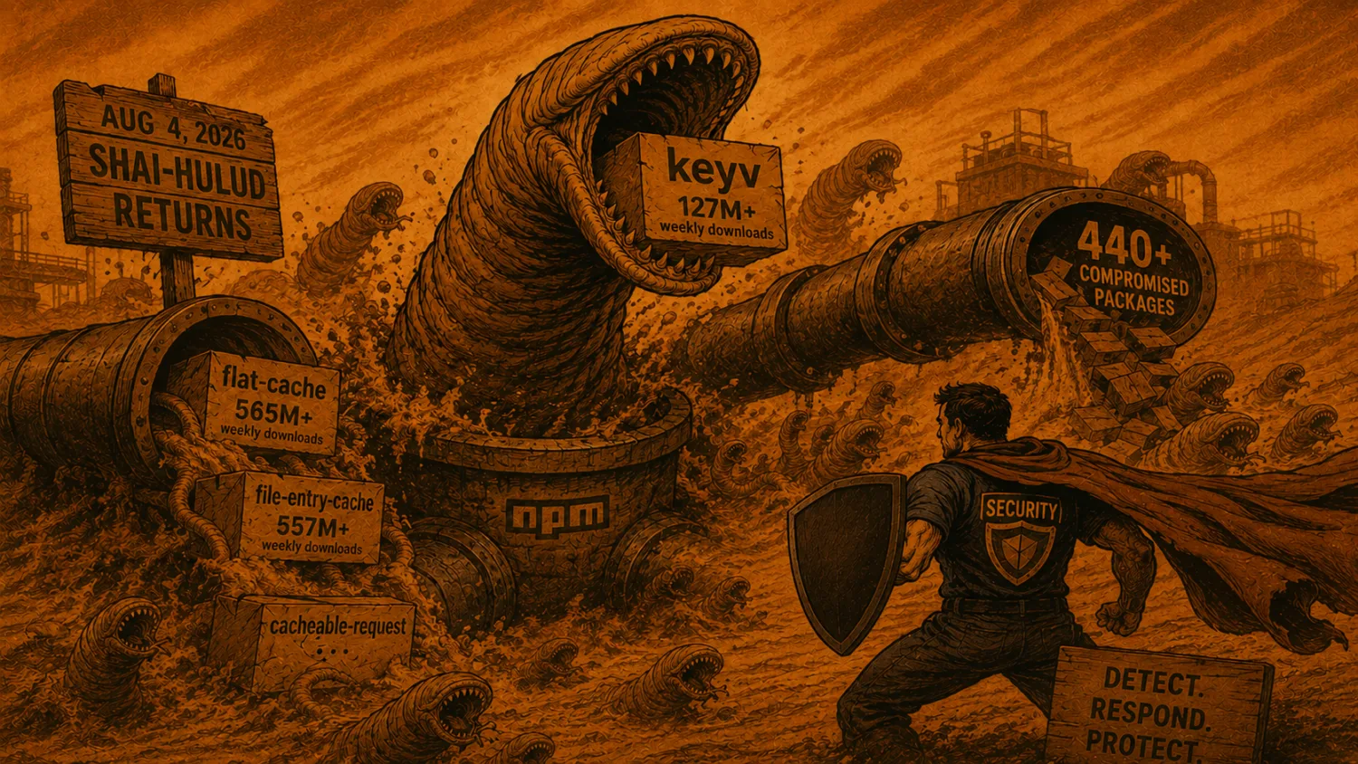 Shai-Hulud npm supply chain worm tunneling through a grid of npm packages, with compromised packages highlighted, on ArmorCode purple