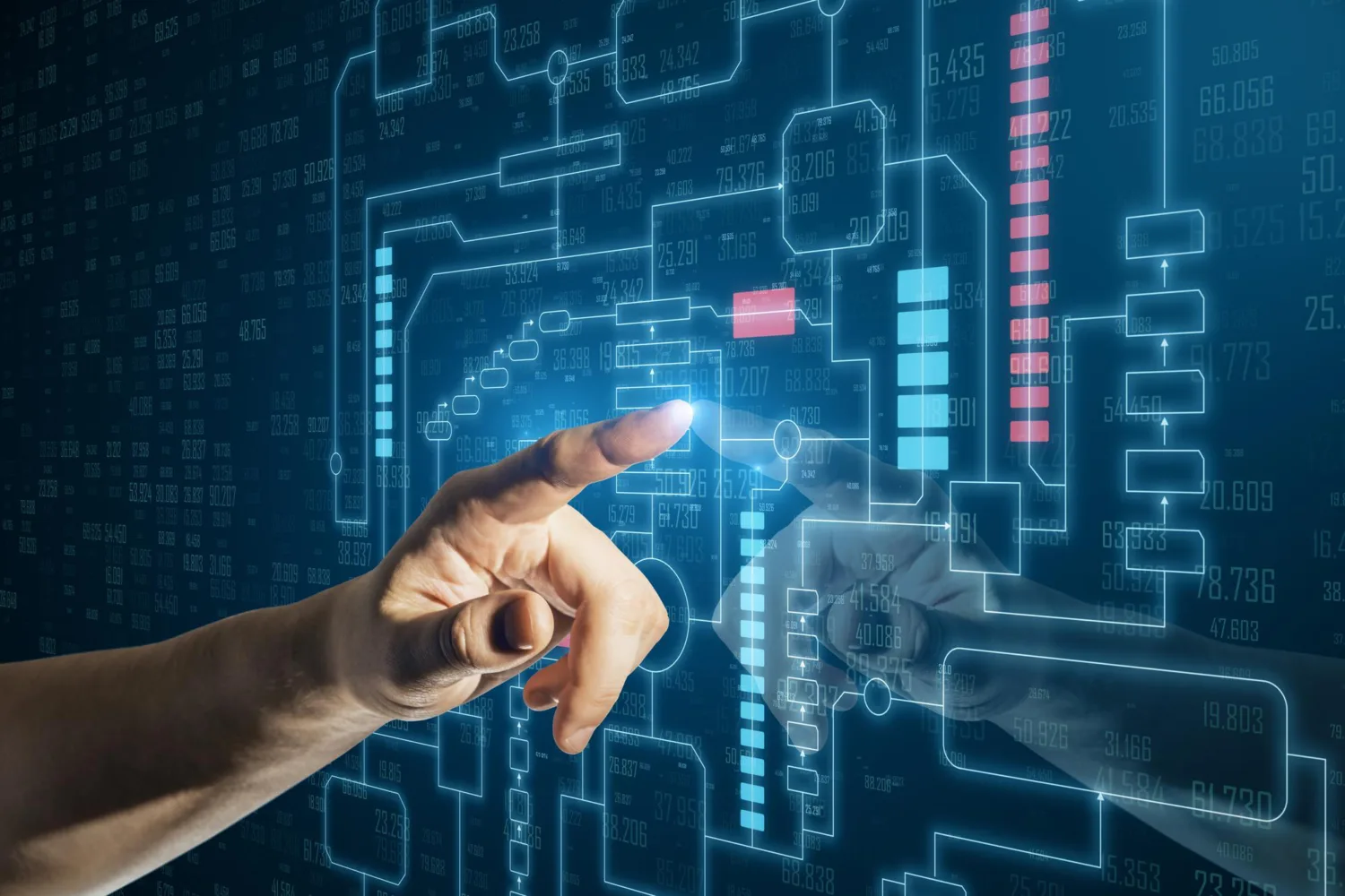 Hand pointing at a digital data hologram representing software supply chain attack risk across connected systems