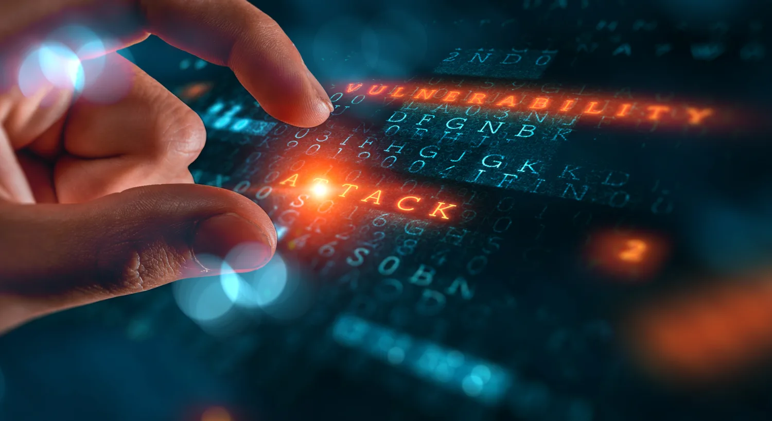 Finger pointing at highlighted text reading vulnerability and attack on a digital data screen.