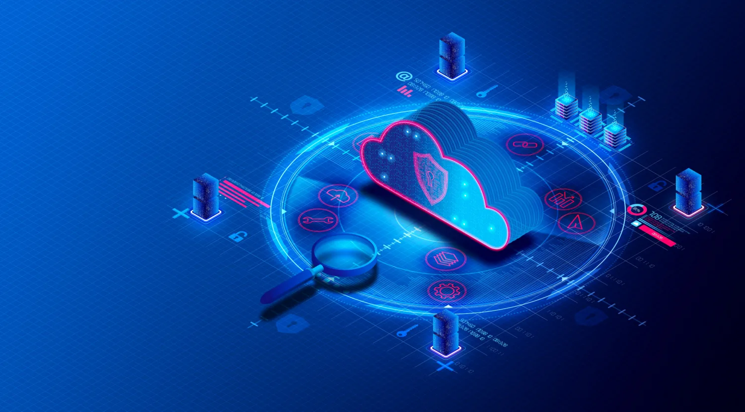 Isometric illustration of a shielded cloud surrounded by security icons, representing application security vulnerability detection and cloud protection