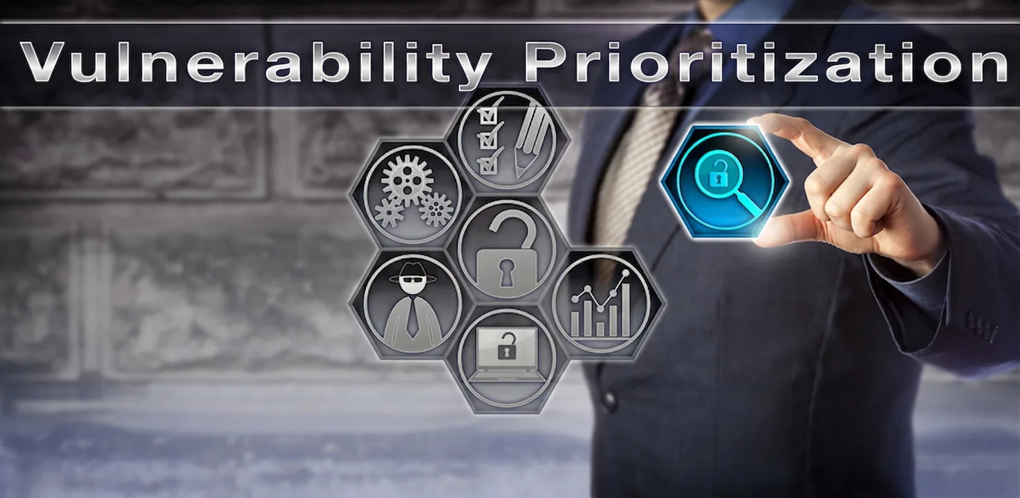 Illustration of vulnerability prioritization: a security professional selects the highest-risk vulnerability from a set of interconnected security risk factors.