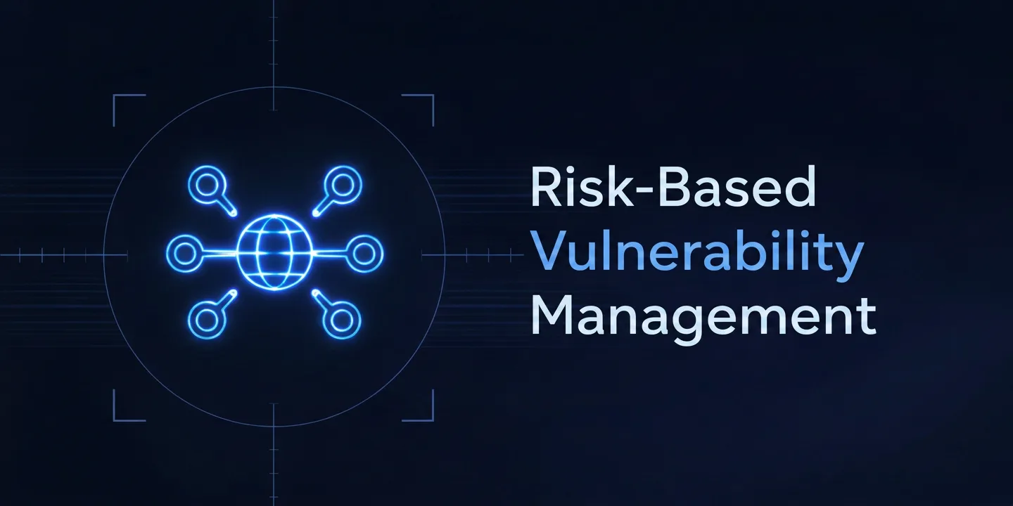 Illustration of a globe linked to five scan and search icons inside a targeting reticle, representing risk-based vulnerability management.