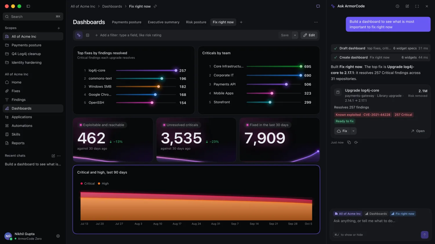 ArmorCode Zero showing a ranked list of top fixes by findings resolved, criticals by team, and a trend of critical and high findings, with an Ask ArmorCode chat panel alongside.