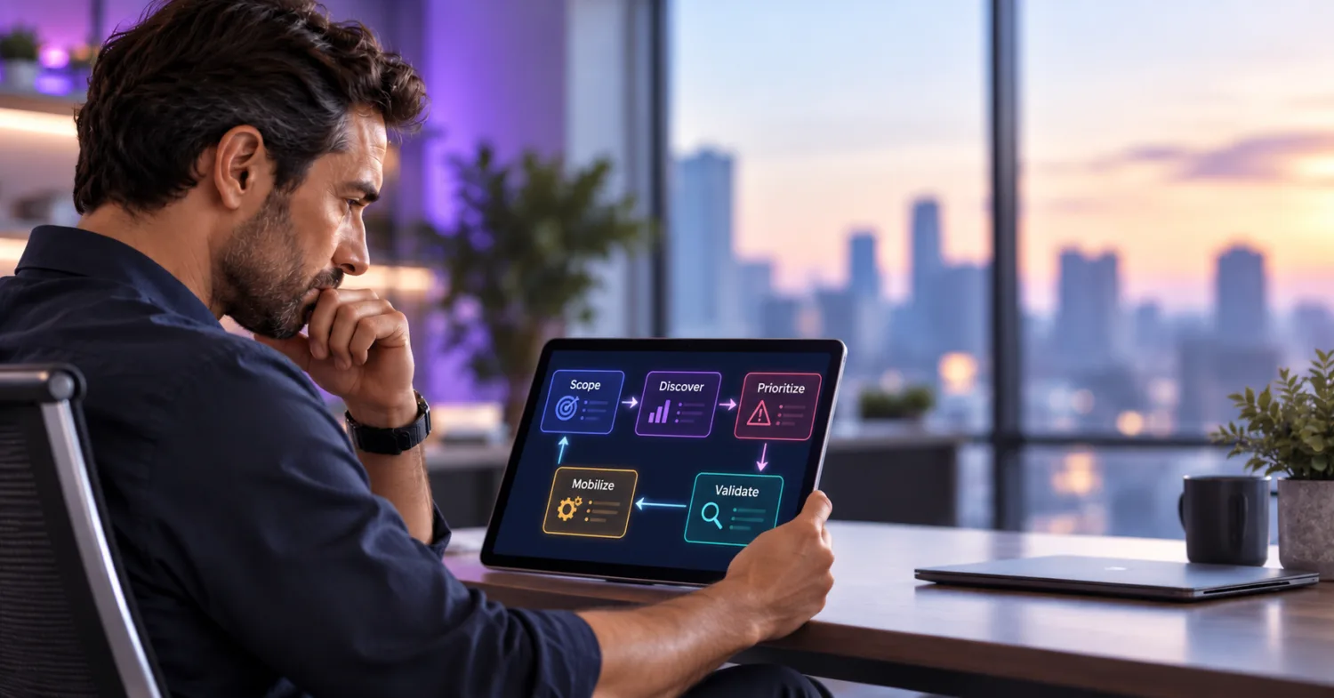 Security professional viewing an electronic tablet, pondering whether their CTEM program can keep pace with AI to fix discovered risks.